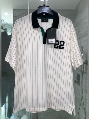 The Kooples $150 NWT White Polo with Black Collar and Green Placket, Size L.